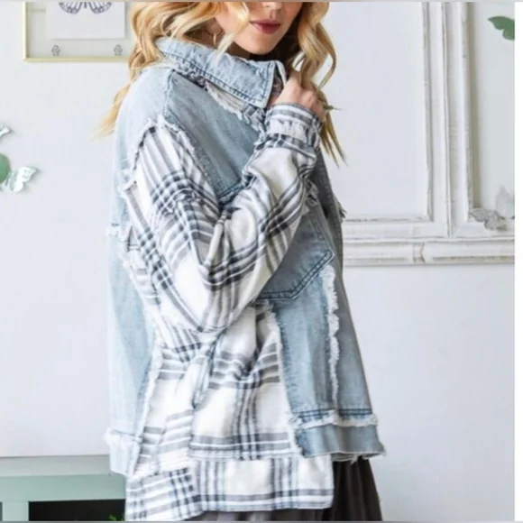 OLI & HALI -Plaid Pieced Denim Jacket Size small - Picture 2 of 10